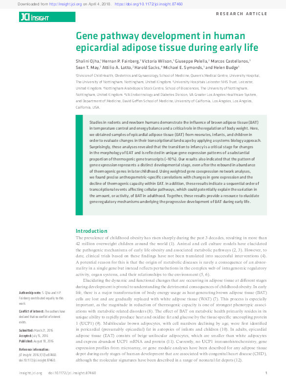 Gene pathway development in human epicardial adipose tissue during early life Thumbnail