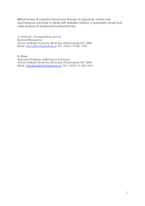 Effectiveness of cognitive-behavioural therapy on glycaemic control and psychological outcomes in adults with diabetes mellitus: a systematic review and meta-analysis of randomized controlled trials Thumbnail