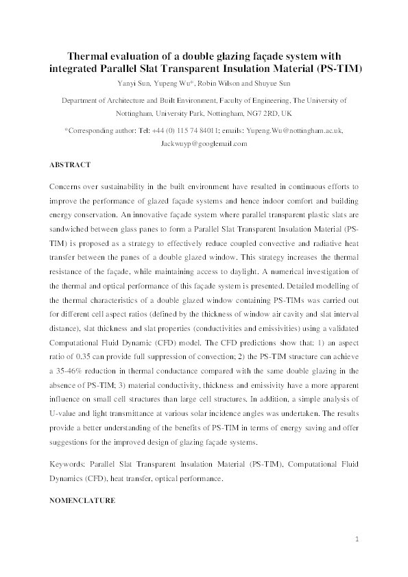 Thermal evaluation of a double glazing façade system with integrated Parallel Slat Transparent Insulation Material (PS-TIM) Thumbnail