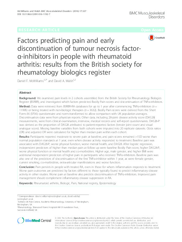 Factors predicting pain and early discontinuation of tumour necrosis factor-?-inhibitors in people with rheumatoid arthritis: results from the British society for rheumatology biologics register Thumbnail