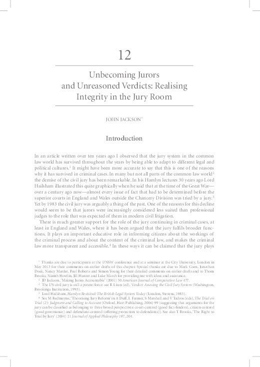 Unbecoming jurors and unreasoned verdicts: realising integrity in the jury room Thumbnail