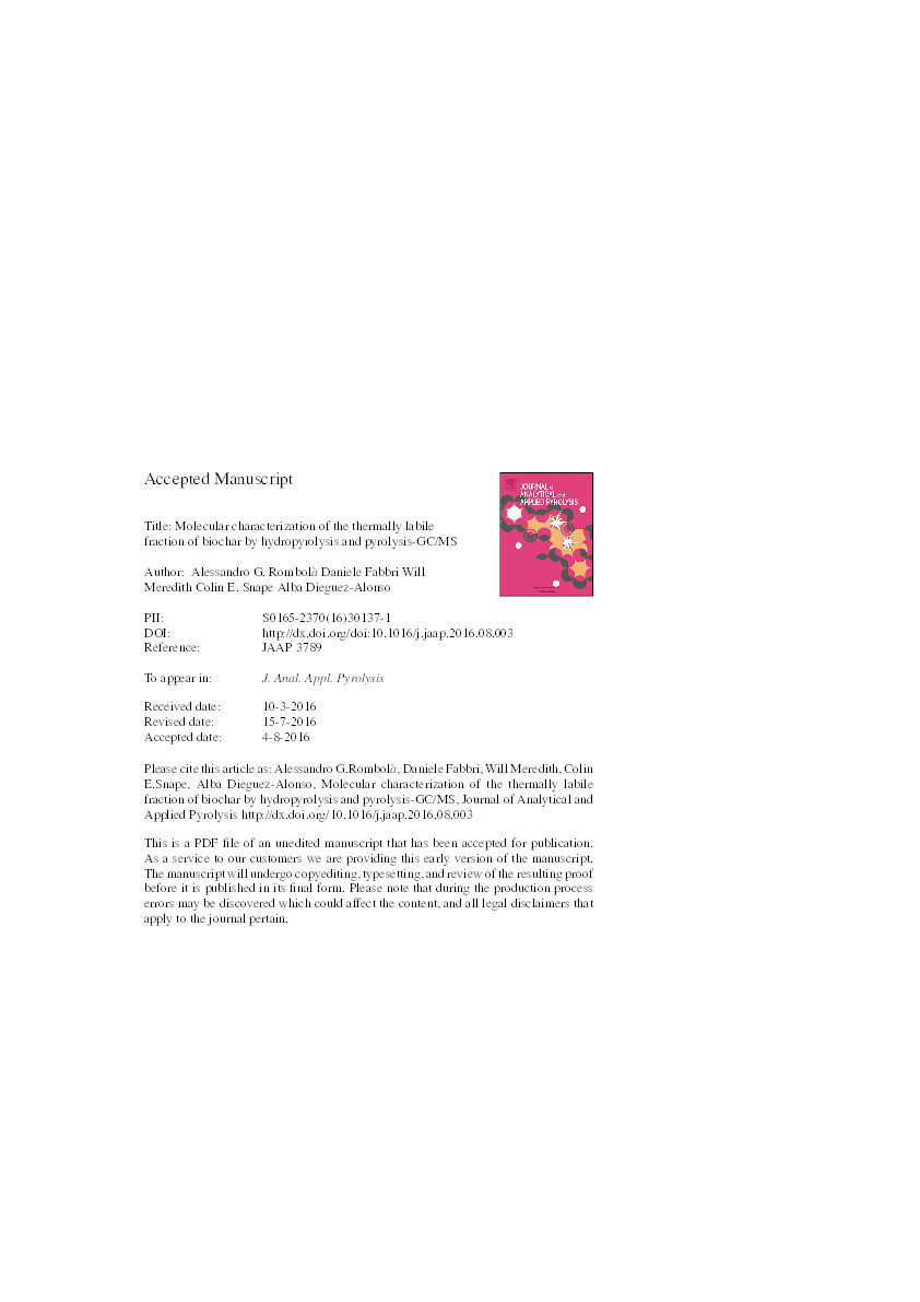 Molecular characterization of the thermally labile fraction of biochar by hydropyrolysis and pyrolysis-GC/MS Thumbnail