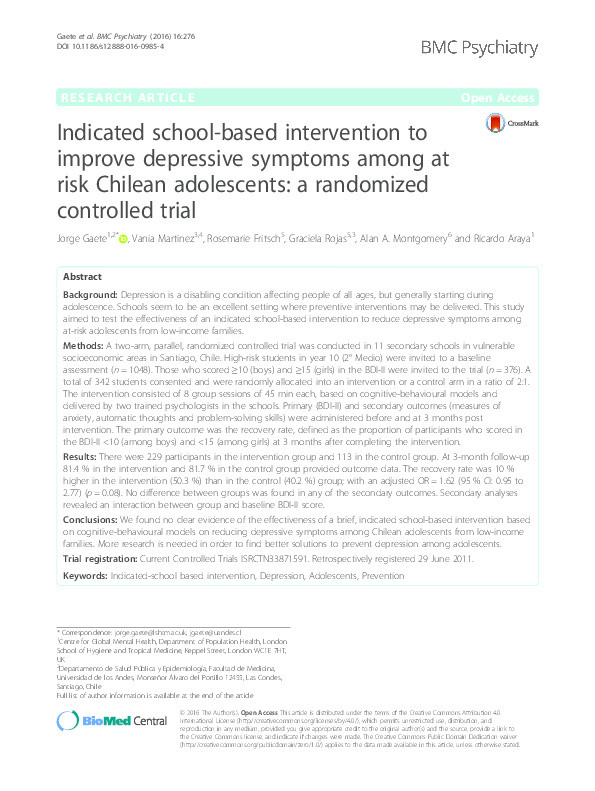 Indicated school-based intervention to improve depressive symptoms among at risk Chilean adolescents: a randomized
controlled trial Thumbnail