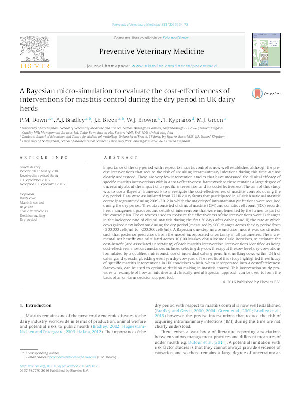 A Bayesian micro-simulation to evaluate the cost-effectiveness of interventions for mastitis control during the dry period in UK dairy herds Thumbnail