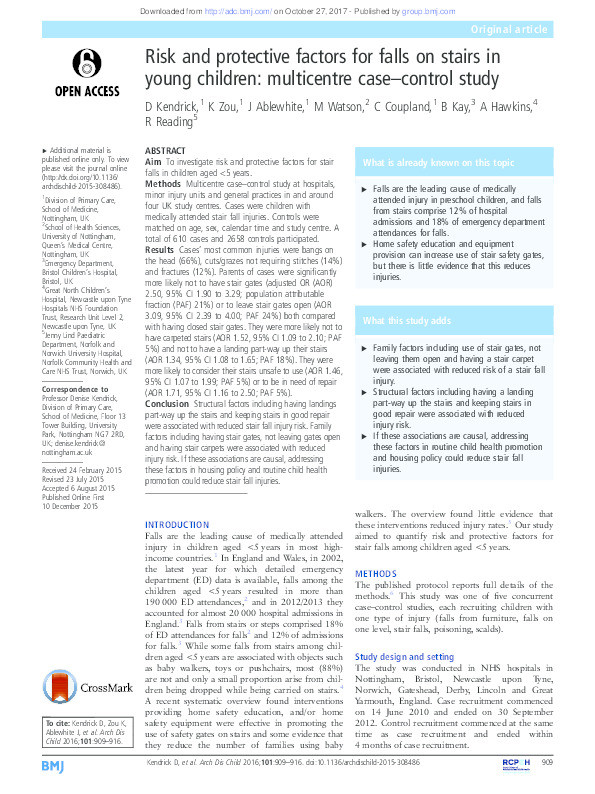 Risk and protective factors for falls on stairs in young children: multicentre case–control study Thumbnail