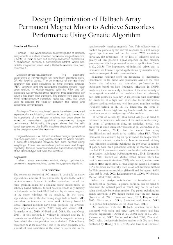 Design optimization of Halbach array permanent magnet motor to achieve sensorless performance using genetic algorithm Thumbnail