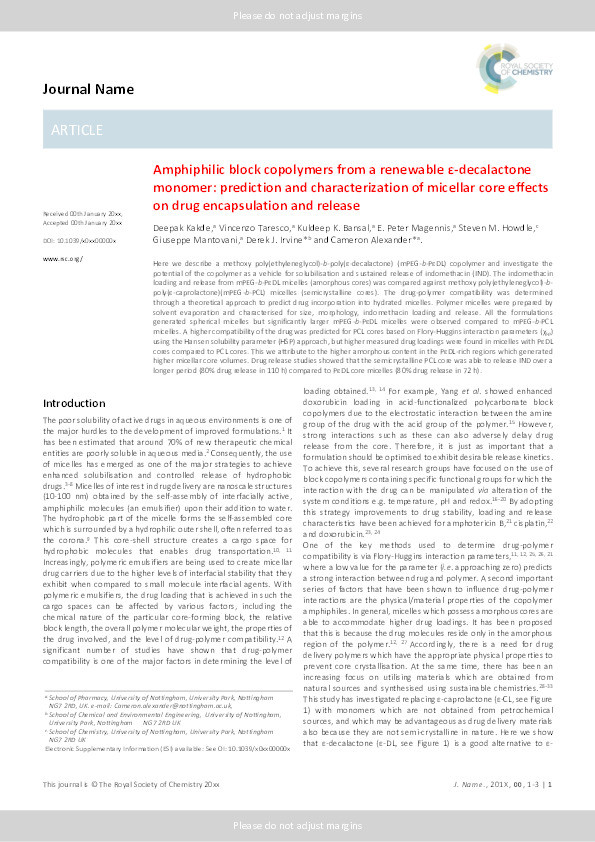 Amphiphilic block copolymers from a renewable Ɛ-decalactone monomer: prediction and characterization of micellar core effects on drug encapsulation and release Thumbnail