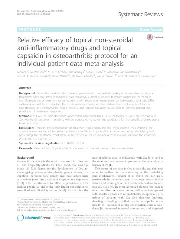 Relative efficacy of topical non-steroidal anti-inflammatory drugs and topical capsaicin in osteoarthritis: protocol for an individual patient data meta-analysis Thumbnail