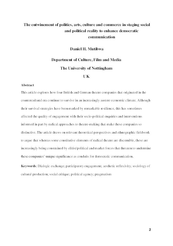 The entwinement of politics, arts, culture and commerce in staging social and political reality to enhance democratic communication Thumbnail