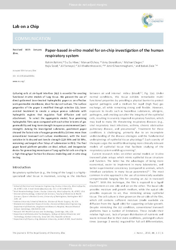 A paper-based in vitro model for on-chip investigation of the human respiratory system Thumbnail