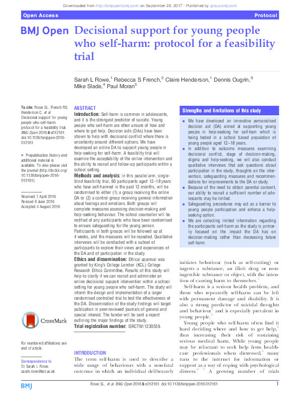 Decisional support for young people who self-harm: protocol for a feasibility trial Thumbnail