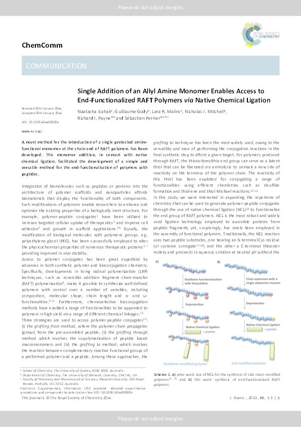 Single addition of an allyl amine monomer enables access to end-functionalized RAFT polymers via native chemical ligation Thumbnail