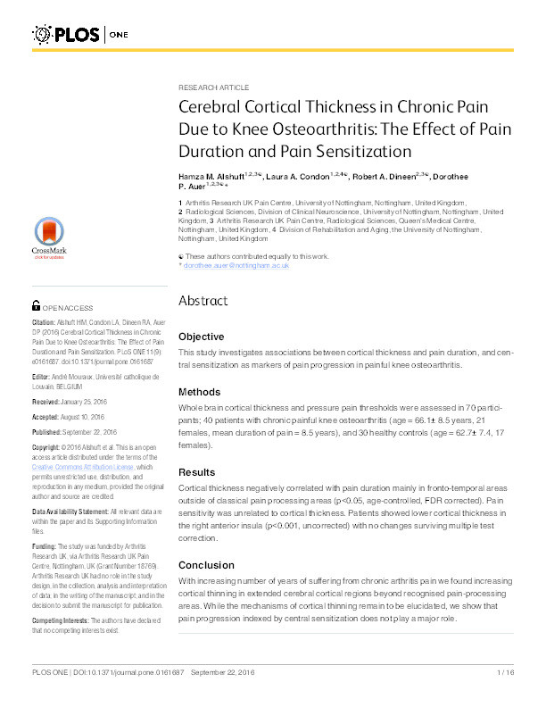 Cerebral cortical thickness in chronic pain due to knee osteoarthritis: the effect of pain duration and pain densitization Thumbnail