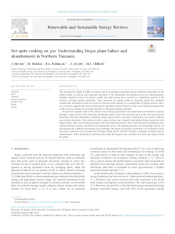 Not quite cooking on gas: Understanding biogas plant failure and abandonment in Northern Tanzania Thumbnail