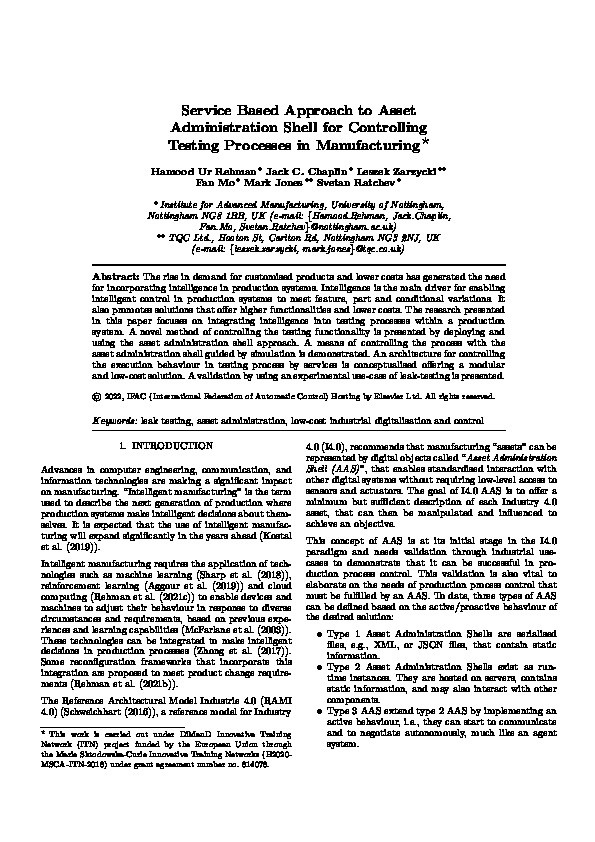 Service Based Approach to Asset Administration Shell for Controlling Testing Processes in Manufacturing Thumbnail