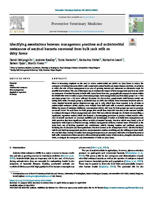 Identifying associations between management practices and antimicrobial resistances of sentinel bacteria recovered from bulk tank milk on dairy farms Thumbnail