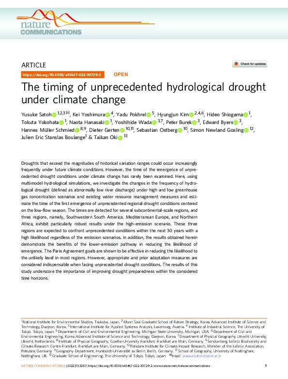 The timing of unprecedented hydrological drought under climate change Thumbnail