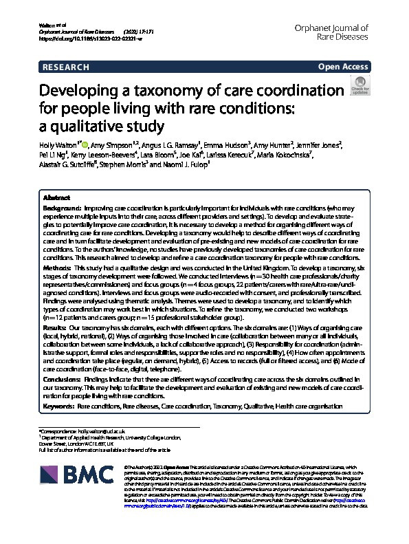 Developing a taxonomy of care coordination for people living with rare conditions: a qualitative study Thumbnail