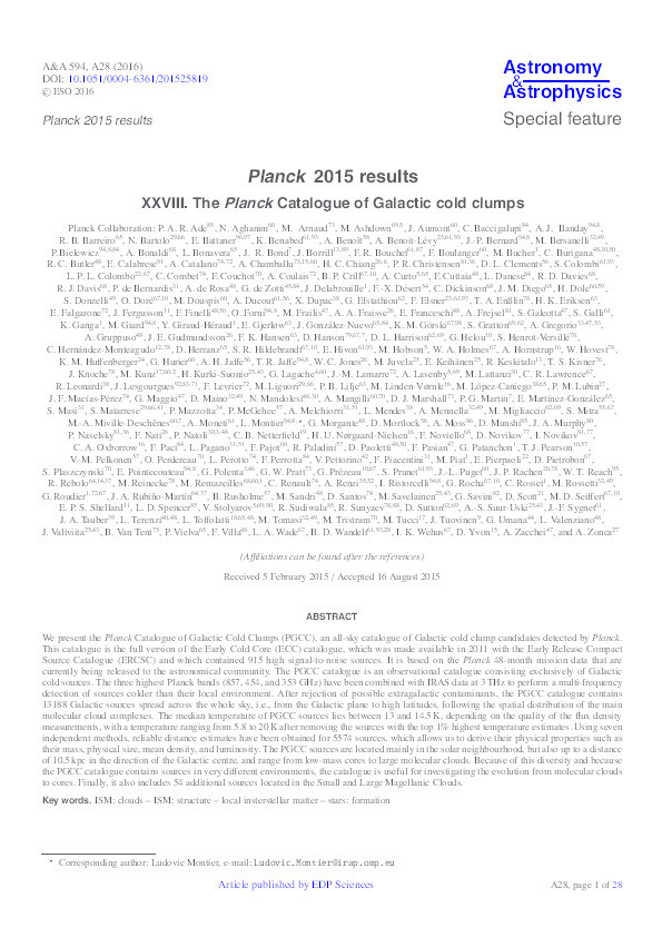 Planck 2015 results: XXVIII. The Planck Catalogue of Galactic cold clumps Thumbnail