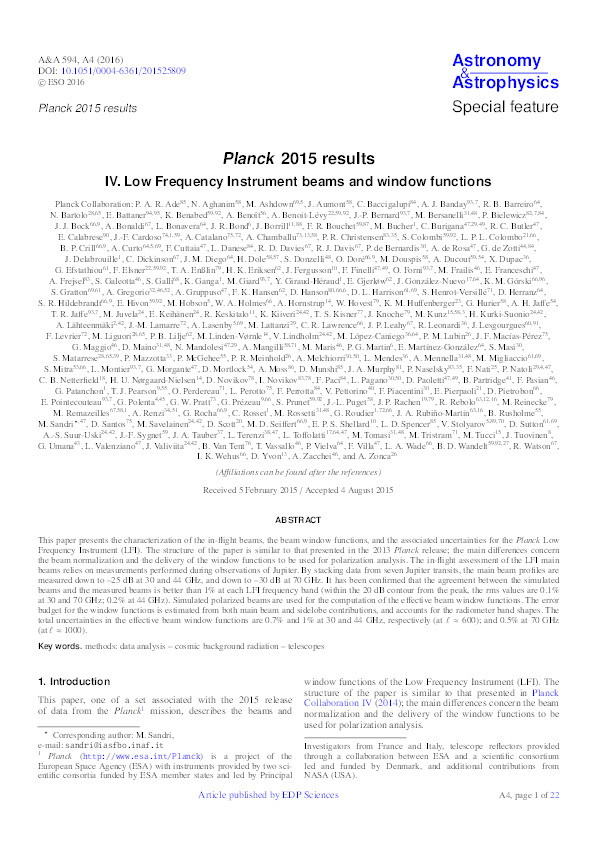 Planck 2015 results. IV. Low Frequency Instrument beams and window functions Thumbnail