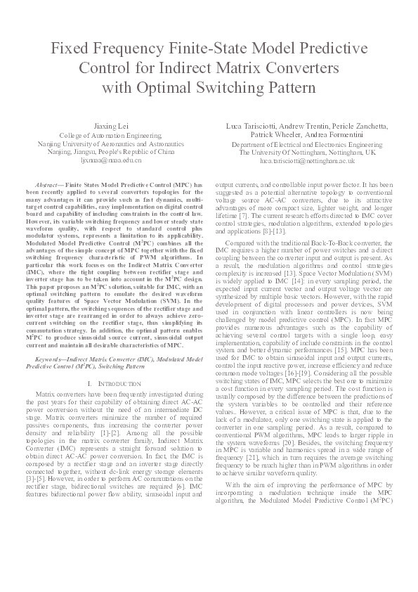 Fixed frequency finite-state model predictive control for indirect matrix converters with optimal switching pattern Thumbnail