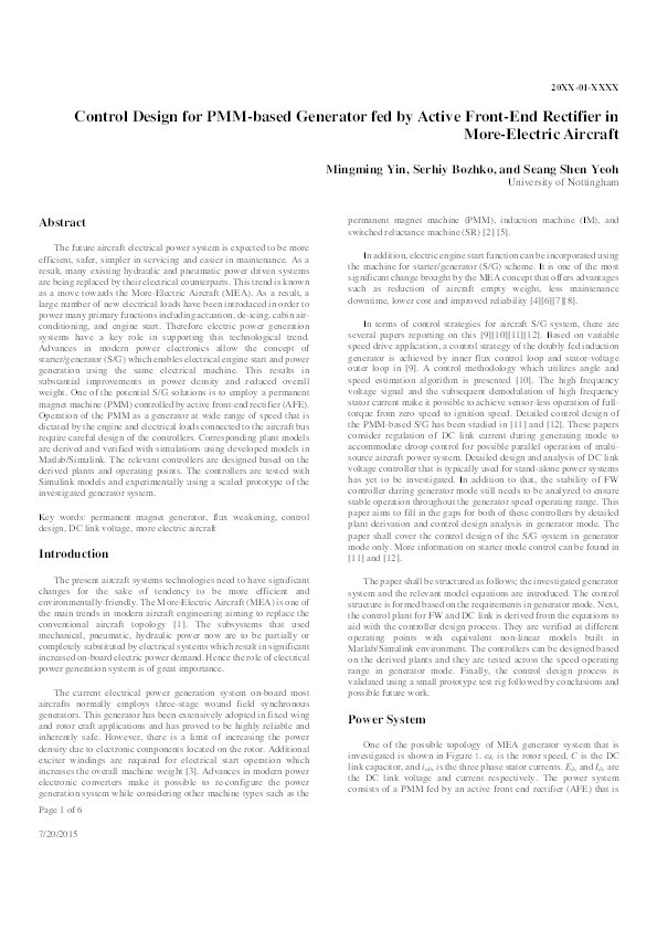 Control design for PMM-based generator fed by active front-end rectifier in more-electric aircraft Thumbnail