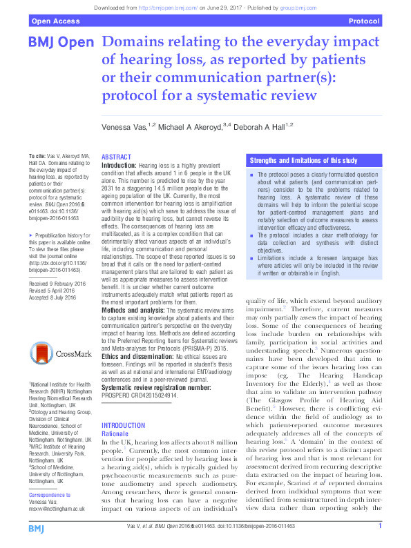 Domains relating to the everyday impact of hearing loss, as reported by patients or their communication partner(s): protocol for a systematic review Thumbnail