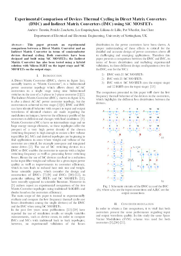 Experimental comparison of devices thermal cycling in direct matrix converters (DMC) and Indirect Matrix Converters (IMC) using SiC MOSFETs Thumbnail