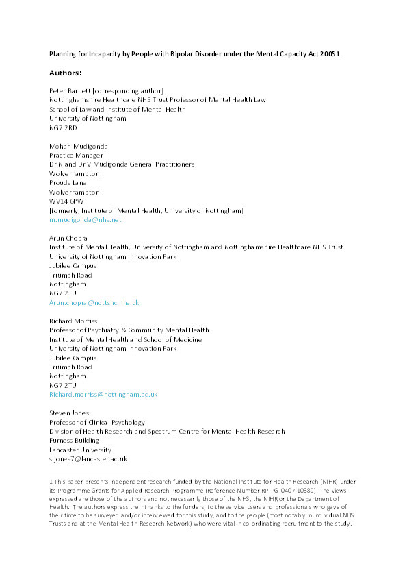 Planning for incapacity by people with bipolar disorder under the Mental Capacity Act 2005 Thumbnail