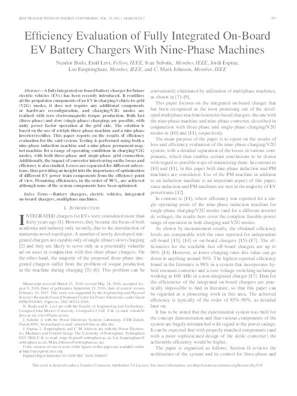 Efficiency evaluation of fully integrated on-board EV battery chargers With nine-phase machines Thumbnail