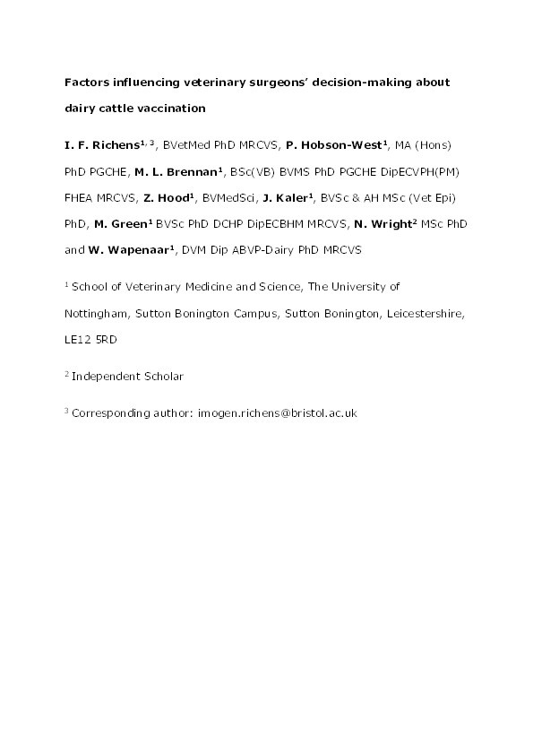 Factors influencing veterinary surgeons’ decision-making about dairy cattle vaccination Thumbnail