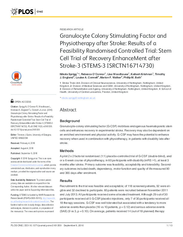 Granulocyte Colony Stimulating Factor and Physiotherapy after Stroke: Results of a Feasibility Randomised Controlled Trial: Stem Cell Trial of Recovery EnhanceMent after Stroke-3 (STEMS-3 ISRCTN16714730) Thumbnail