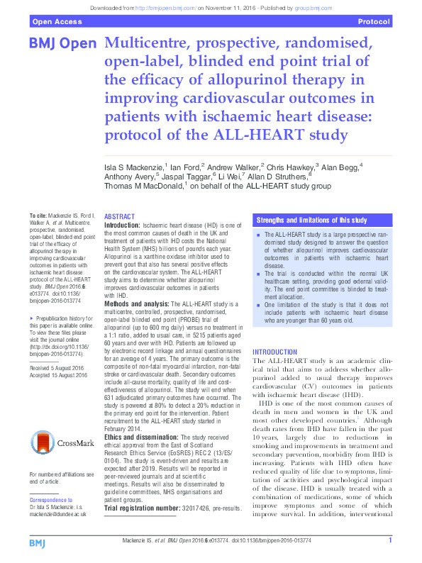 Multicentre, prospective, randomised, open-label, blinded end point trial of the efficacy of allopurinol therapy in improving cardiovascular outcomes in patients with ischaemic heart disease: protocol of the ALL-HEART study Thumbnail