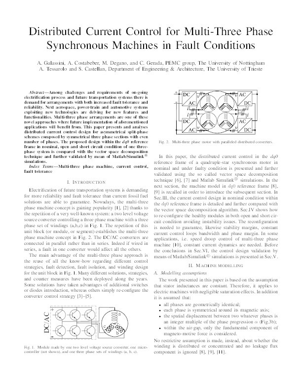 Distributed current control for multi-three phase synchronous machines in fault conditions Thumbnail