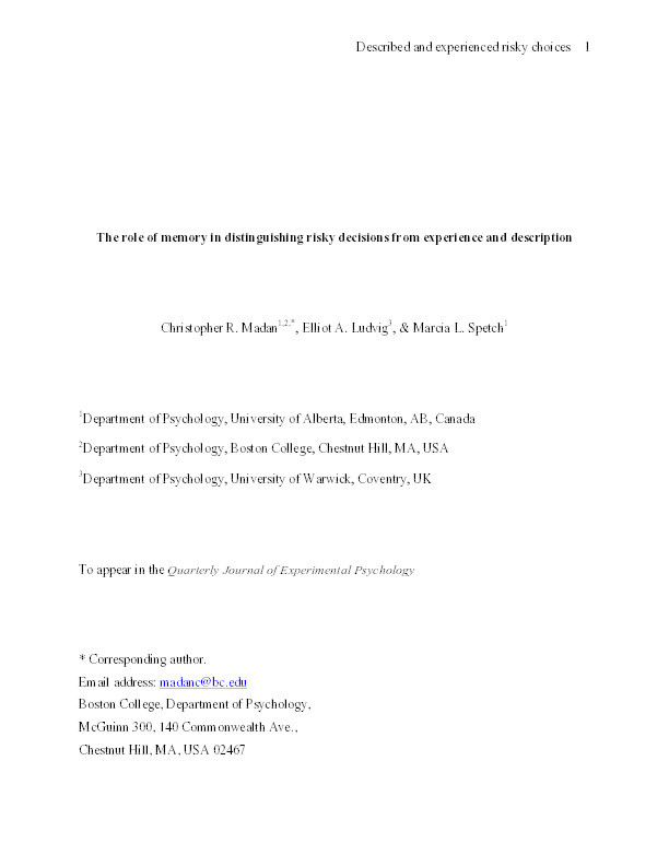 The role of memory in distinguishing risky decisions from experience and description Thumbnail