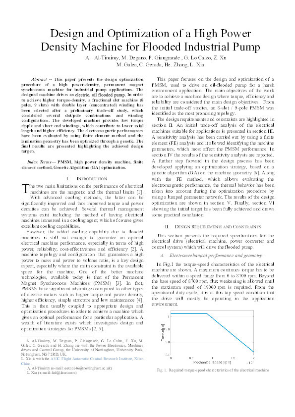 Design and optimization of a high power density machine for flooded industrial pump Thumbnail