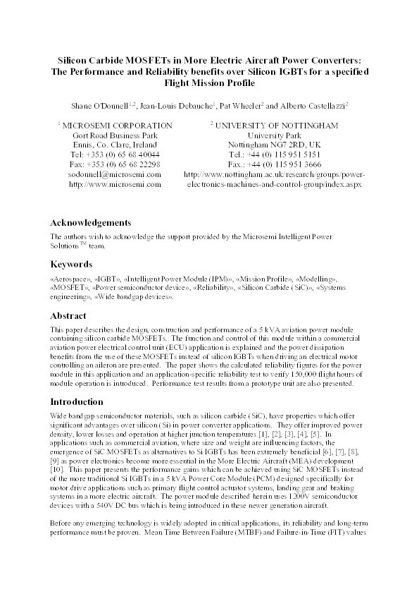 Silicon carbide MOSFETs in more electric aircraft power converters: the performance and reliability benefits over silicon IGBTs for a specified flight mission profile Thumbnail