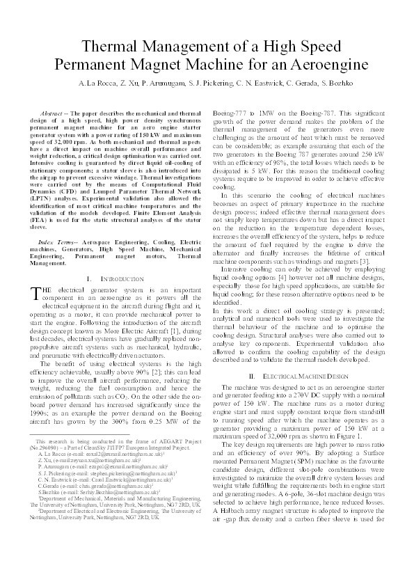 Thermal management of a high speed permanent magnet machine for an aeroengine Thumbnail