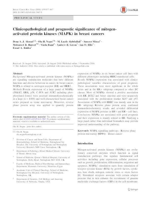 Clinicopathological and prognostic significance of mitogen-activated protein kinases (MAPK) in breast cancers Thumbnail