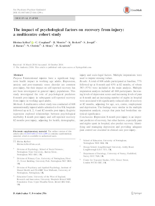 The impact of psychological factors on recovery from injury: a multicentre cohort study Thumbnail