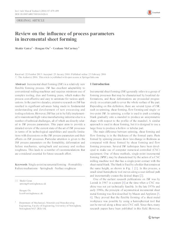 Review on the influence of process parameters in incremental sheet forming Thumbnail