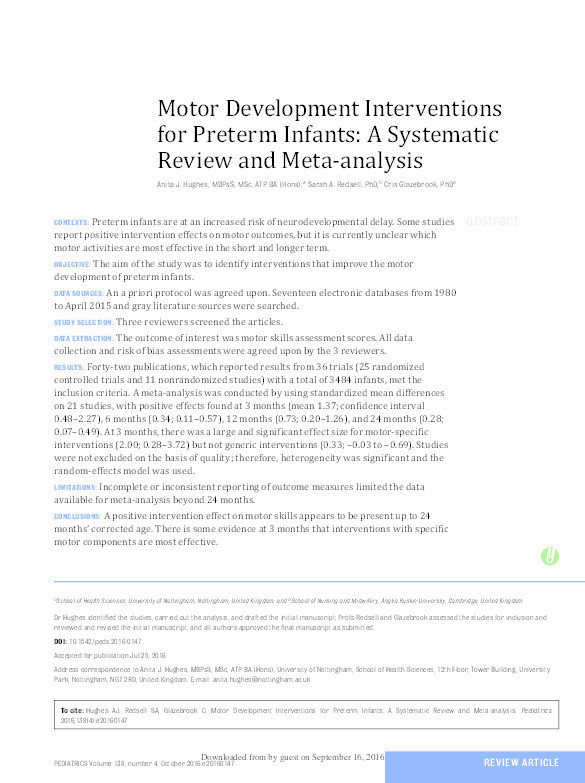 Motor development interventions for preterm infants: a systematic review and meta-analysis Thumbnail