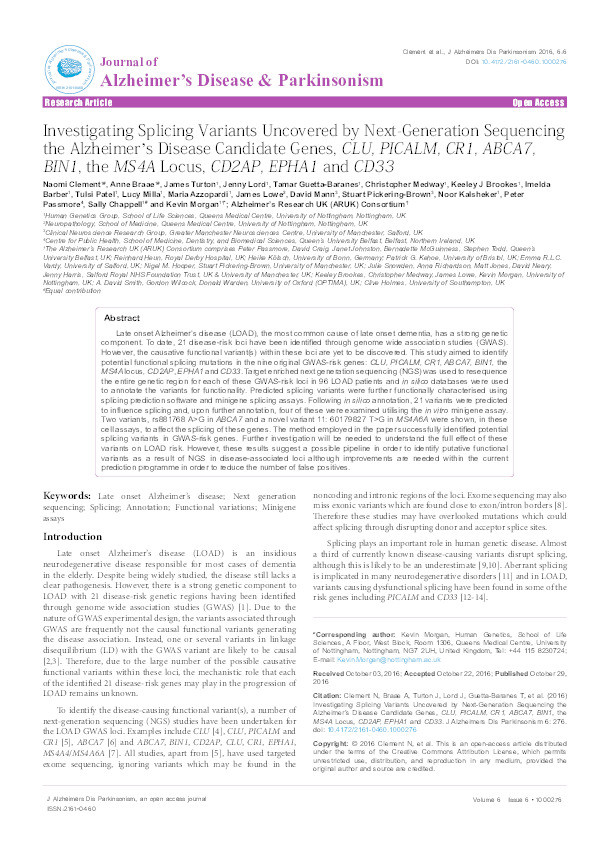 Investigating splicing variants uncovered by next-generation sequencing the Alzheimer’s disease candidate genes, CLU, PICALM, CR1, ABCA7, BIN1, the MS4A locus, CD2AP, EPHA1 and CD33 Thumbnail