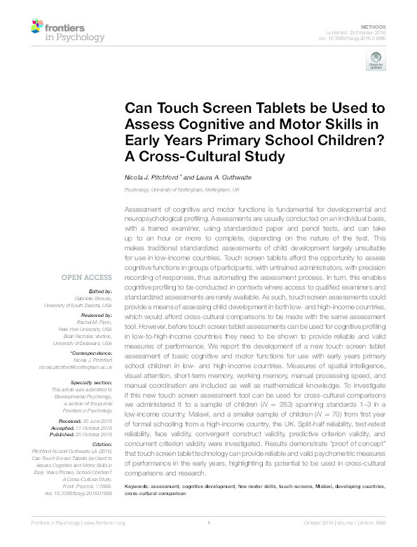 Can Touch Screen Tablets be Used to Assess Cognitive and Motor Skills in Early Years Primary School Children? A Cross-Cultural Study Thumbnail
