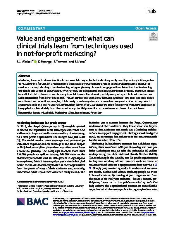 Value and engagement: what can clinical trials learn from techniques used in not-for-profit marketing? Thumbnail