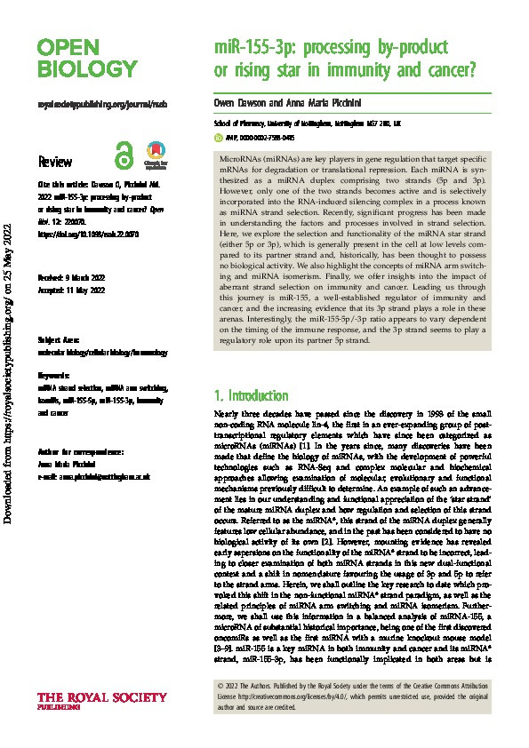 miR-155-3p: processing by-product or rising star in immunity and cancer? Thumbnail