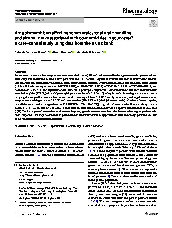 Are polymorphisms affecting serum urate, renal urate handling and alcohol intake associated with co-morbidities in gout cases? A case–control study using data from the UK Biobank Thumbnail