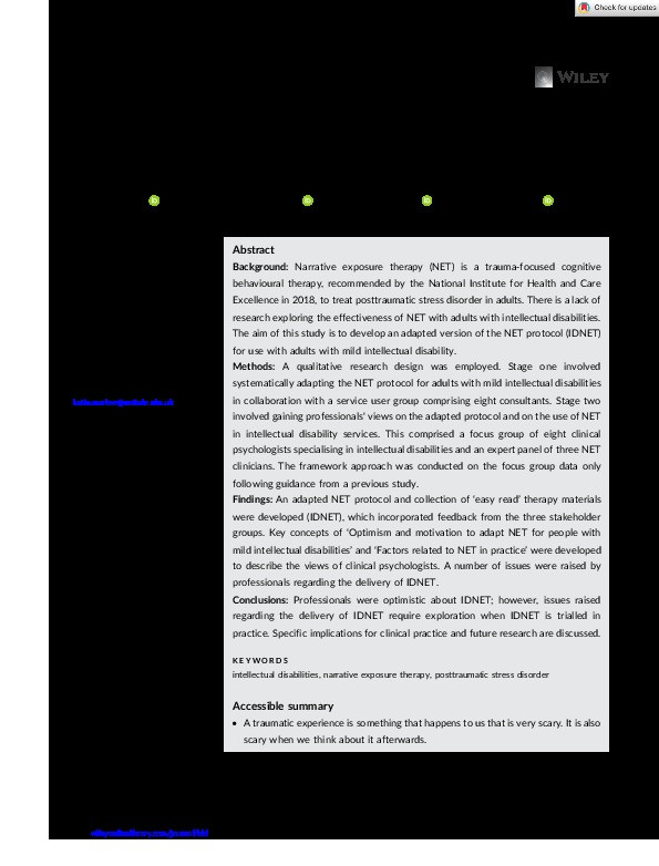 Adapting the protocol for narrative exposure therapy for adults with mild intellectual disabilities Thumbnail