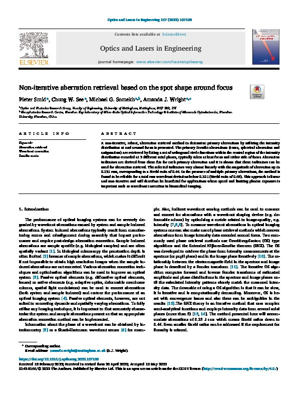 Non-iterative aberration retrieval based on the spot shape around focus Thumbnail