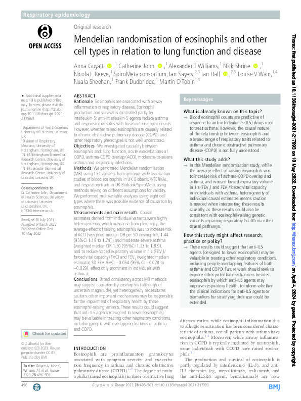 Mendelian randomisation of eosinophils and other cell types in relation to lung function and disease Thumbnail